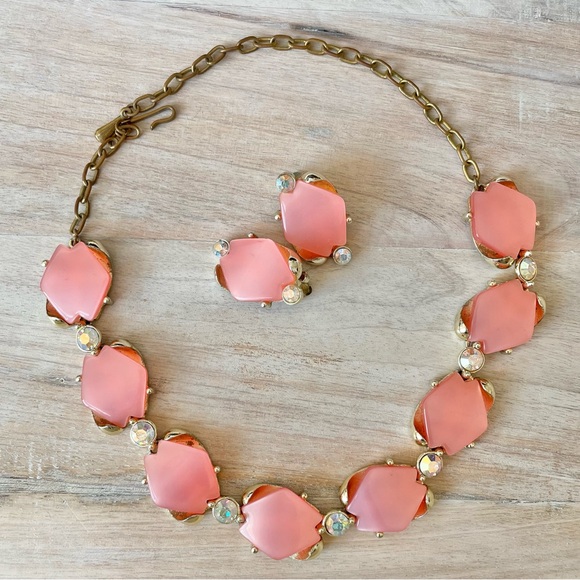 Jewelry - Vintage Pink Lucite Thermoset Clip Earrings Choker Necklace Set Mid Century